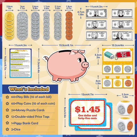Pretend Money Set For Kids With Bills And Coins, Hands On Math Manipulatives featuring play money, piggy bank card, and dice.