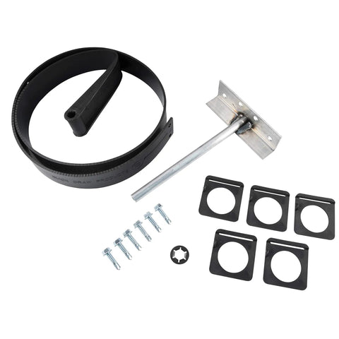 Tough As Nails RV Slide Out Floor Protector Plate with mounting hardware including rubber band, metal plate, screws, and brackets.