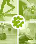 A collage showing a skateboarder, a power drill in use, an office chair wheel, and a tabletop fan against a green background.