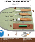 Hella Sharp And Tough Left Handed Wood Carving Knife Set Sloyd Spoon Blades showing whittling, detail and hook knives on canvas roll.