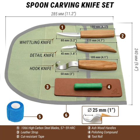 Hella Sharp And Tough Left Handed Wood Carving Knife Set Sloyd Spoon Blades showing whittling, detail and hook knives on canvas roll.