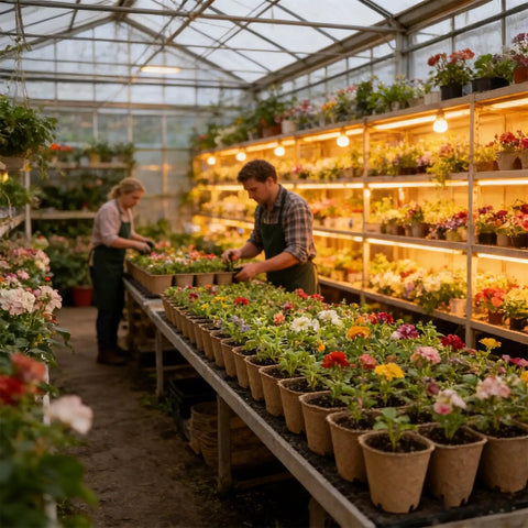 Greenhouse with Seedling Pots 45 Pack With Labels For Easy Germination And Root Care on tables, people tending plants
