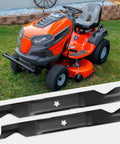 High Lift Mower Blades For 46 Inch Deck Replacement 2 Pack For Husqvarna YTH Series shown with lawn tractor
