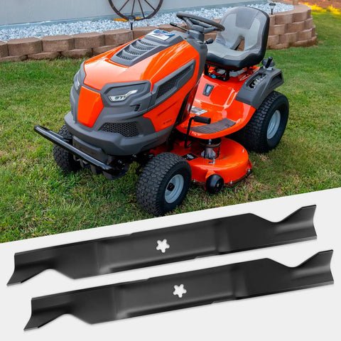 High Lift Mower Blades For 46 Inch Deck Replacement 2 Pack For Husqvarna YTH Series shown with lawn tractor