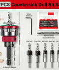 Top Shelf 7 Piece Countersink Drill Bit Set For Woodworking With Adjustable Depth Stop To Nail A Slick Flush Finish Every Time Includes Hex Key And Screwdriver Bit For Your Daily DIY Grind - detailed view of bits and wrench in case