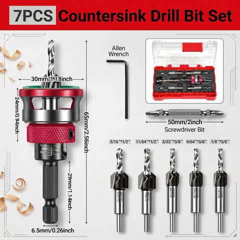 Top Shelf 7 Piece Countersink Drill Bit Set For Woodworking With Adjustable Depth Stop To Nail A Slick Flush Finish Every Time Includes Hex Key And Screwdriver Bit For Your Daily DIY Grind - detailed view of bits and wrench in case