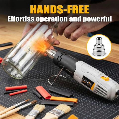 Powerful 380W Heat Gun Hot Air Tool with Dual Temperature Settings used on glass bottle for DIY crafts