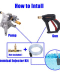 Installation guide showing pump, gun, and chemical injector kit for Downstream Soap Injector Siphon Hose With Filter For Pressure Washers.