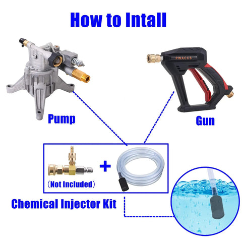 Installation guide showing pump, gun, and chemical injector kit for Downstream Soap Injector Siphon Hose With Filter For Pressure Washers.