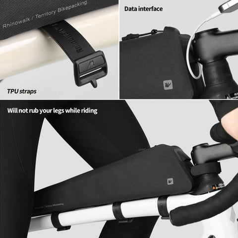 Extra Long 1.6L Top Tube Bag With Strap Mount, Waterproof Frame Bag For MTB Road And Gravel Bikes, close-up of TPU straps and cable port.