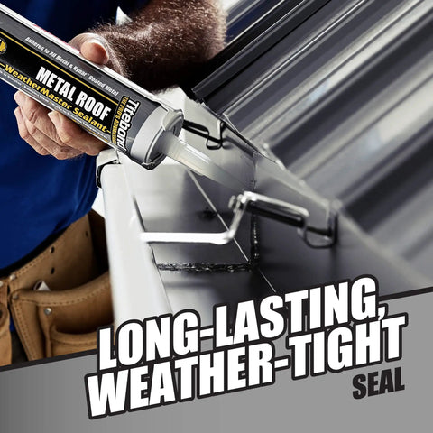 Applying WeatherMaster Metal Roof Sealant 9.5 Oz Cartridges White 12 Pack Premium Elastomeric Polymer Caulk to metal roof joint