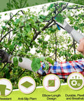Gardener wearing long gardening gloves with cut resistant sleeves and anti slip nitrile coated palms for all day arm protection.