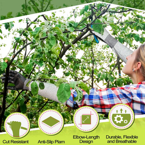 Gardener wearing long gardening gloves with cut resistant sleeves and anti slip nitrile coated palms for all day arm protection.