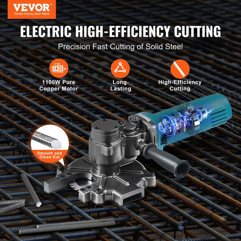 VEVOR Electric Rebar Cutter 1100W Portable Wire Rod Shear Cuts Up To 3/2 Inch Rebar, showing copper motor and cutting mechanism.