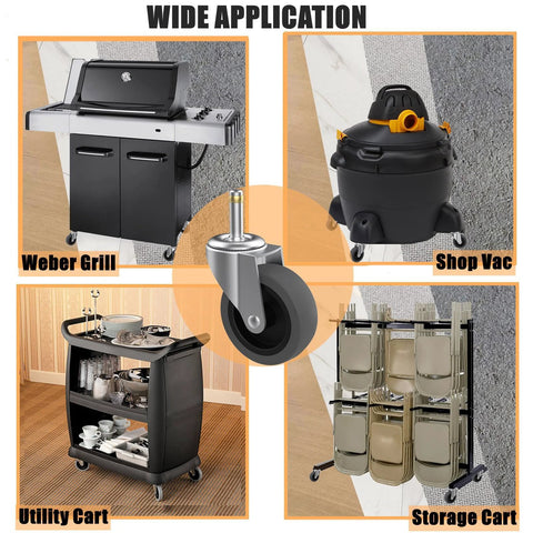 Image of Three Inch Swivel Stem Caster Set Of Four For Rubbermaid Mop Buckets And Utility Carts With Seven Sixteenth Inch Stem Diameter Heavy Duty TPR Wheels 150 Lb Per Caster 600 Lb Per Set Replacement Wheels For Shop Vac And Weber Grills showing applications on a grill, shop vac, utility cart, and storage cart