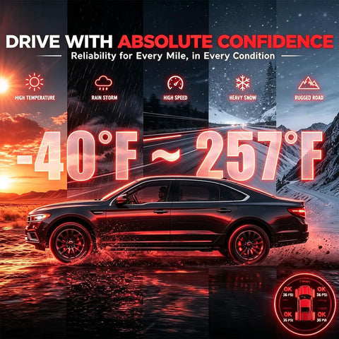 Image showing a sedan on rugged terrain, illustrating conditions for Fresh 4 Pack 433MHz TPMS Tire Pressure Sensors Plug And Go Direct OEM Replacement.