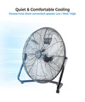 20-Inch High Velocity Floor Fan For Garage And Workshop with 3 Speed Settings and 180 Degree Tilt on a blue background