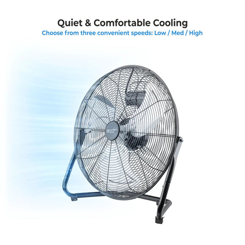 20-Inch High Velocity Floor Fan For Garage And Workshop with 3 Speed Settings and 180 Degree Tilt on a blue background