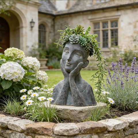 Cool Modern Impressionist Face Planter Pot For Indoor Outdoor Use With Drainage Hole Gray Aged Concrete Finish Polystone