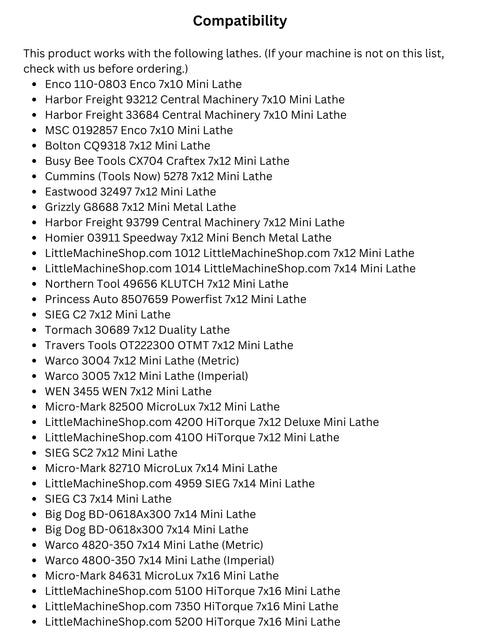 Compatibility list for Mini Lathe Change Gear Set for 7x10 to 7x16 metal lathes, includes various model names and manufacturers.