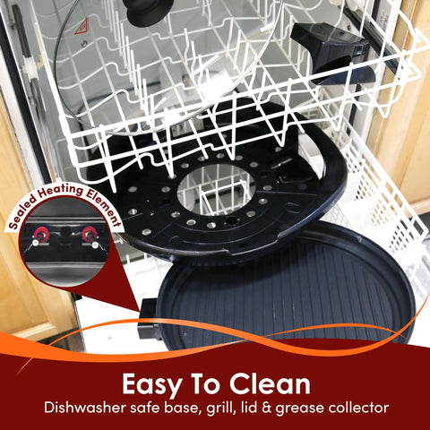 EMG 980BX Indoor Electric Round Nonstick Grill in dishwasher with lid, base, and cool-touch handle, dishwasher safe parts
