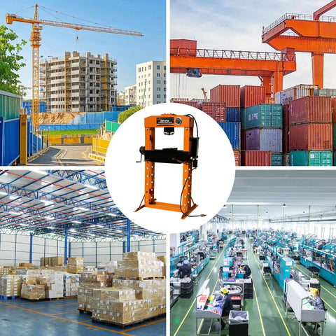 Pro Grade 50 Ton Hydraulic Shop Press With Floor Plates For Garage Pros Heavy Duty H Frame Smooth Dual Action Hydraulic Cylinder Ideal For Stamp Work Metal Bending Flattening Gear And Bushing Removal overlayed on industrial settings images
