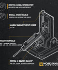 Diagram of Professional Precision Adjustable Knife Sharpener Kit With Rock Solid Metal Construction For Pocket Hunting Kitchen And Serrated Knives At 15 Degree Angles Includes 7 Diamond Abrasives For All Your Blades, showing components like digital angle indicator, small knife table, angle adjustment knob, abrasive handle, and metal V-block clamp.