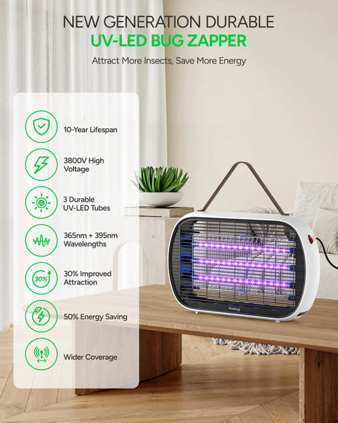 Indoor LED Bug Zapper With 3 Replaceable Lamps Fly And Mosquito Trap No Fuss Energy Efficient 10W on a wooden table