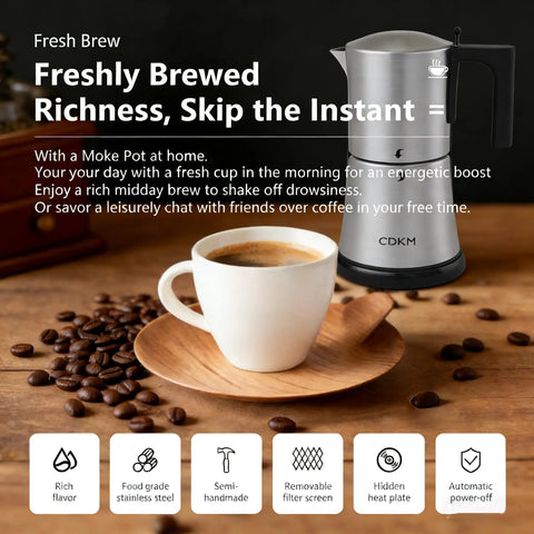 Fully Automatic Mocha Coffee Pot Electric Moka Pot Stainless Steel One Touch Coffee Maker For 3 To 6 Cups 350Ml Espresso Machine With Anti Scalding Auto Power Off Safety Gift Idea shown on countertop with coffee cup.