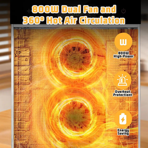 Heavy Duty 12 Tray Electric Food Dehydrator For Slick Batch Prepping Of Jerky Dried Fruit Veggie Chips And Pup Chews With 800 Watt Heating Dual Fan Setup And Reliable Digital Timer Controls showing 800W dual fan and hot air circulation.