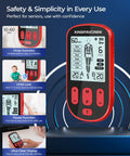 KingPavonini red handheld TENS unit with large display showing body diagram and red control buttons