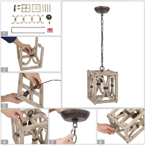 Farmhouse Wood Pendant Light With Geometric Cage Design For Dining Room And Kitchen Island assembly steps