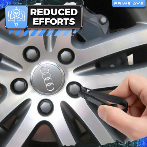 Three Piece Lug Nut Cap Cover And Center Cap Removal Tool Set With Stainless Steel Plastic ABS And Steel Pullers For Audi BMW Mercedes Mini Tesla VW Cars being used on Audi wheel
