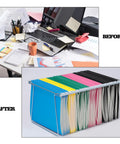 Comparison of cluttered desk before and organized with Heavy Duty Steel Hanging File Frames Two Pack Adjustable File Cabinet Rails.