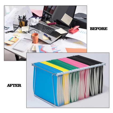 Comparison of cluttered desk before and organized with Heavy Duty Steel Hanging File Frames Two Pack Adjustable File Cabinet Rails.
