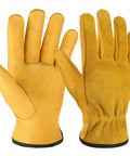 Tough Cowhide Leather Work Gloves With Flex Grip For Wood Cutting, Construction, Driving, And Gardening For Men And Women, Large Gold 1 Pair