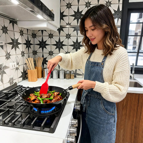 Woman cooking on gas stove with Cast Iron Wok Ring Support For Gas Stoves Non Slip Replacement Grate, durable cooking base.