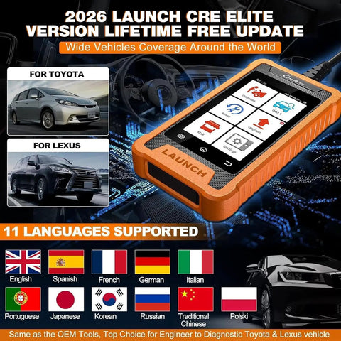 Creader Elite BiDirectional OBD2 Scanner For Toyota And Lexus 2026 Full System Diagnostic Tool interface and language options.