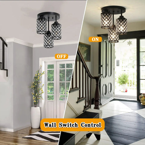 Black Crystal Chandelier Three Light Semi Flush Mount Ceiling Fixture With Metal Grid Shade in off and on positions