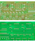 Top and bottom view of Six Digit LED Digital Clock DIY Kit For Arduino Projects with AT89C2051 MCU on green FR4 PCB.