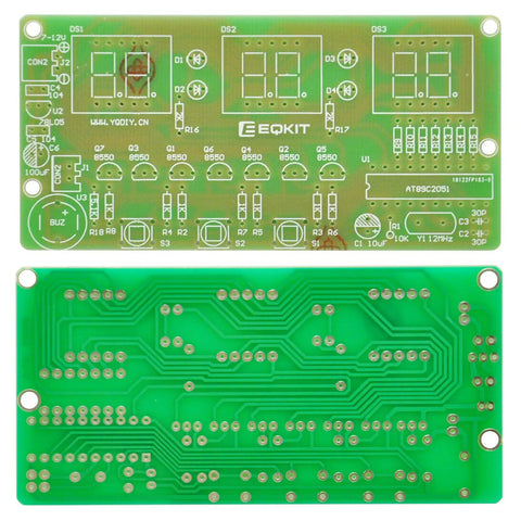 Top and bottom view of Six Digit LED Digital Clock DIY Kit For Arduino Projects with AT89C2051 MCU on green FR4 PCB.