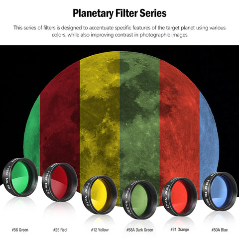 Planetary filter series with colored filters under moon image from Deluxe 14 Piece 1.25 Inch Telescope Accessory Kit With Plossl Eyepieces