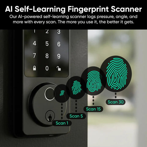 Smart Lock With AI Learning Scanner And Fingerprint Entry, close-up of AI self-learning fingerprint scanner illustration