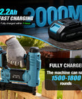 Legendary 18 Gauge Cordless Brad Nailer And Nail Gun With Fast Charge Battery Pack on wooden fence, showcasing performance and battery.