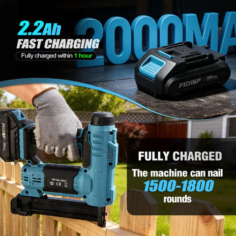 Legendary 18 Gauge Cordless Brad Nailer And Nail Gun With Fast Charge Battery Pack on wooden fence, showcasing performance and battery.