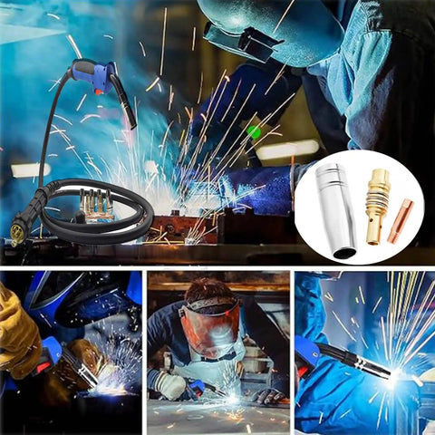 MIG Welder Accessory Kit 49 Piece Set For MB15AK Welding Torch includes tips, holder, diffuser, and gas nozzles in use