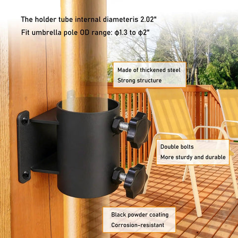 Heavy Duty Patio Umbrella Holder Clamp Mount For Deck Railings And Outdoor Spaces, black steel, mounted on wooden rail