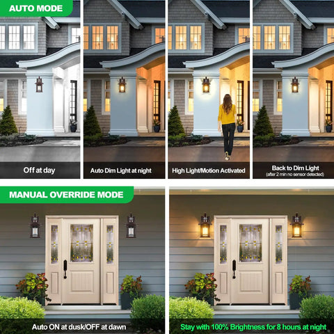 Two Pack Motion Sensor Wall Lights Dusk To Dawn Outdoor Wall Mount Oil Rubbed Bronze Front Porch Light LED Exterior Lantern Fixtures in Auto and Manual Modes
