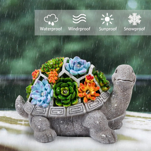 Solar Powered Turtle Garden Statue With 7 LED Lights, Cute Tortoise Figurine With Succulent Accent, Outdoor Decor