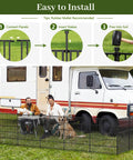 Image showing installation of No Dig 10 Panel Decorative Outdoor Garden Fence With Gate For Yard 40 Inch High And 23.6 Feet Long Rustproof Metal Wire Panels Animal Barrier For Dogs Rabbits And Patio Easy To Install And Weather Resistant around a camper van, with panels being connected, stakes inserted, and pressed into soil.